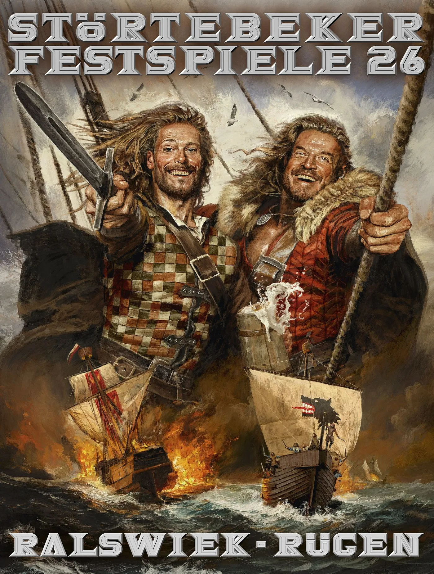 Zwei fröhliche Piraten posieren mit Schwertern vor brennenden Schiffen auf stürmischer See.